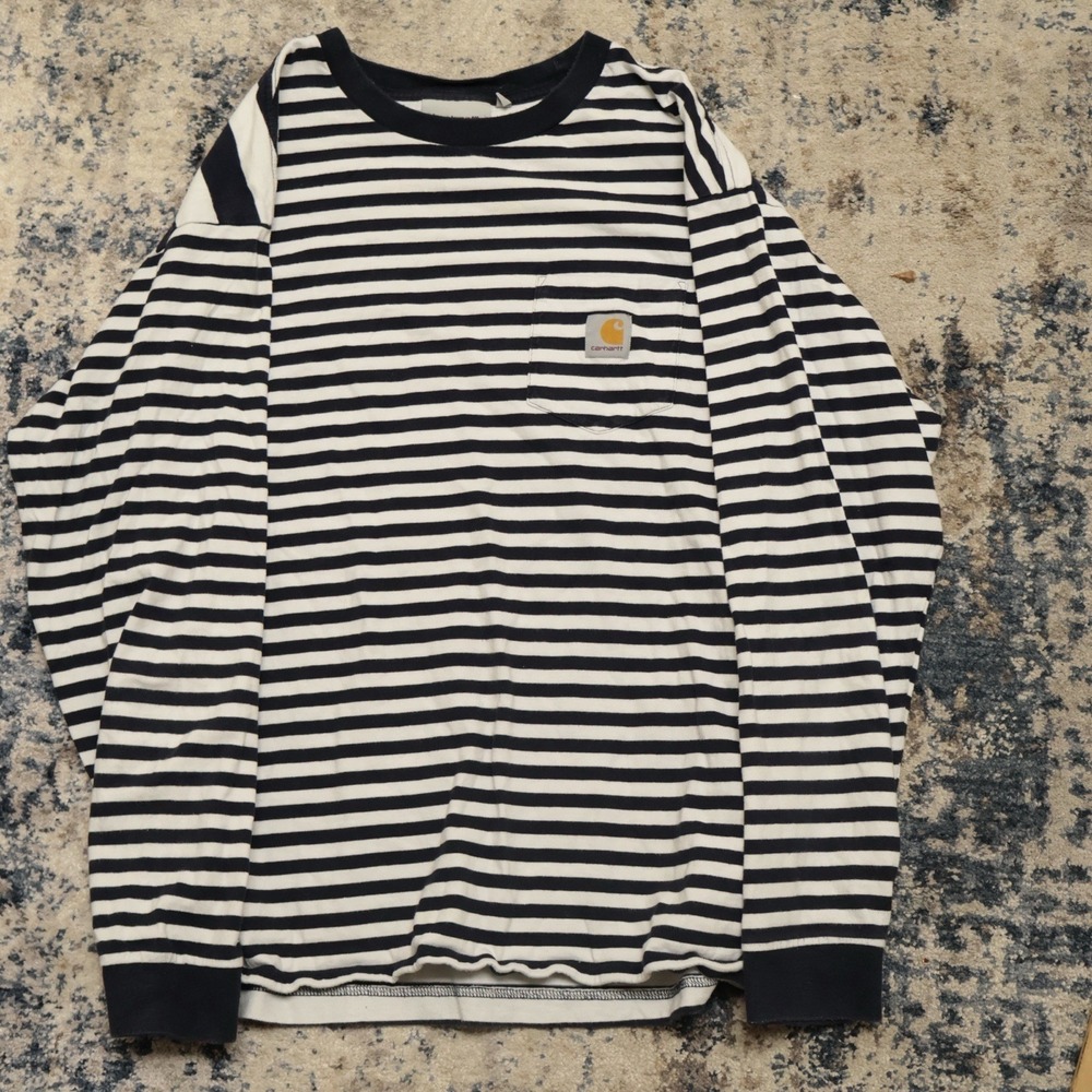 Carhartt Work In Progress L/S Barkley Pocket T-Shirt Cotton Navy White Striped S - Picture 1 of 7